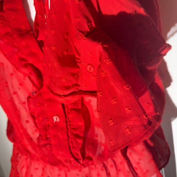 This LUSH red long sleeve blouse features a romantic Swiss dot texture and light - Picture 10 of 11